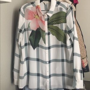 Floral Plaid Button-Up Blouse - White/Green/Pink